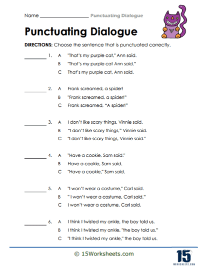Worksheet for practicing punctuation in dialogue for fourth graders