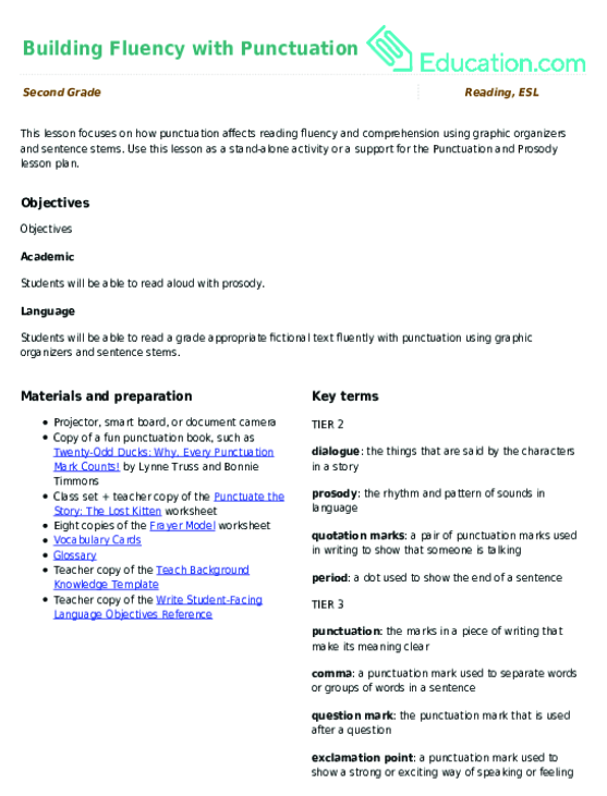 Glossary of punctuation terms for second graders to enhance reading fluency