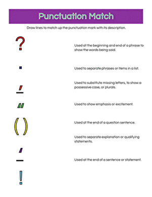 Punctuation Matching Exercise: Worksheet for Learning Definitions Punctuation practice worksheet for fourth graders featuring a matching exercise
