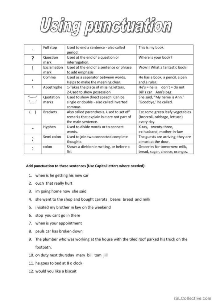 Interactive exercise on punctuation marks and their definitions Punctuation matching worksheet for fourth graders to enhance their skills