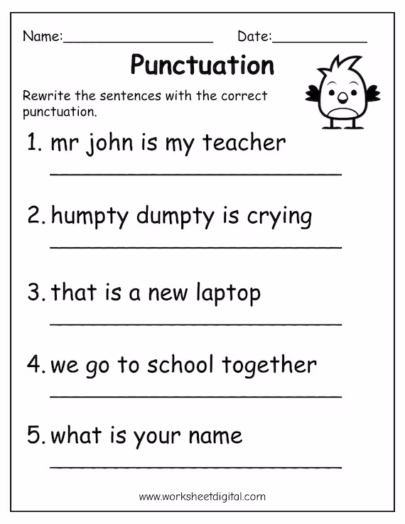Worksheet image illustrating punctuation marks and their definitions Punctuation matching worksheet for fourth graders to enhance their skills