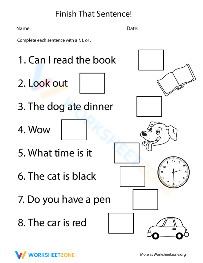 Finish That Sentence: Engaging punctuation activity for early readers Punctuation worksheet designed for Pre-K students to practice sentence completion