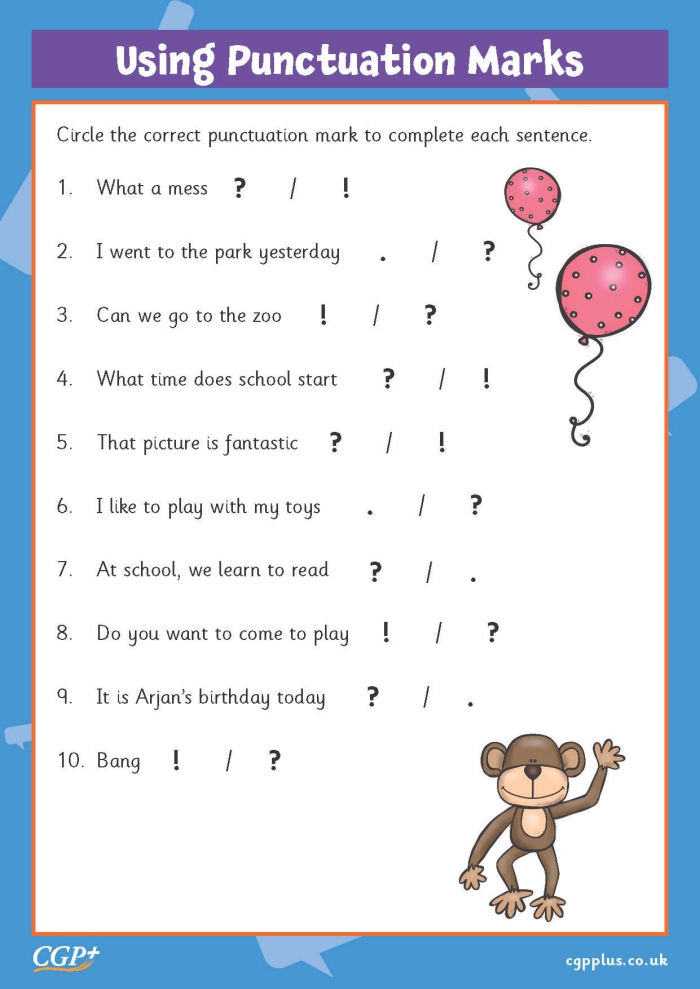 Kindergarten Punctuation Practice Exercise 3 with Fill-in Activities Colorful kindergarten worksheet showing punctuation marks with blank spaces for students to practice writing periods and question marks in sentences