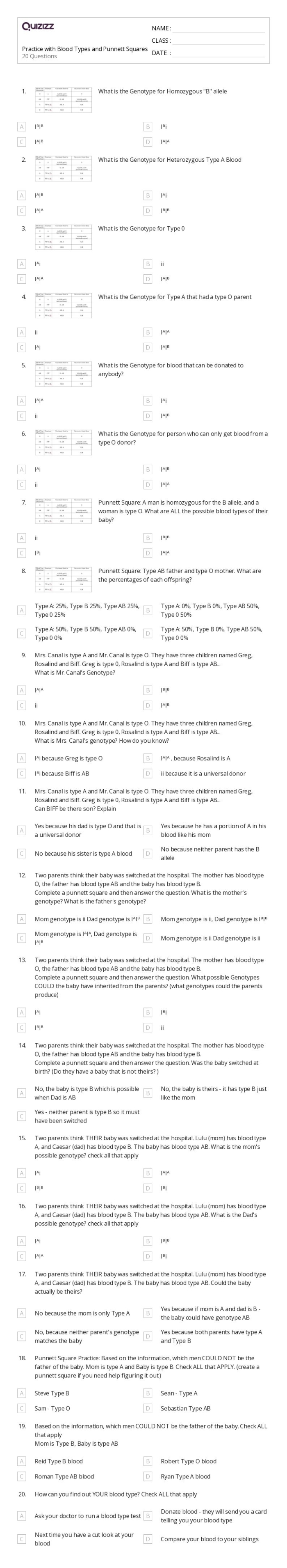 Sixth grade genetics worksheet featuring Punnett squares for modeling trait inheritance