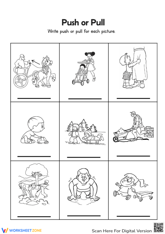 A worksheet showing illustrations of children playing to help kindergartners identify different pushes and pulls