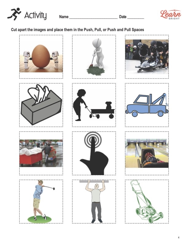 Kindergarten science worksheet featuring various activities for students to identify pushes and pulls