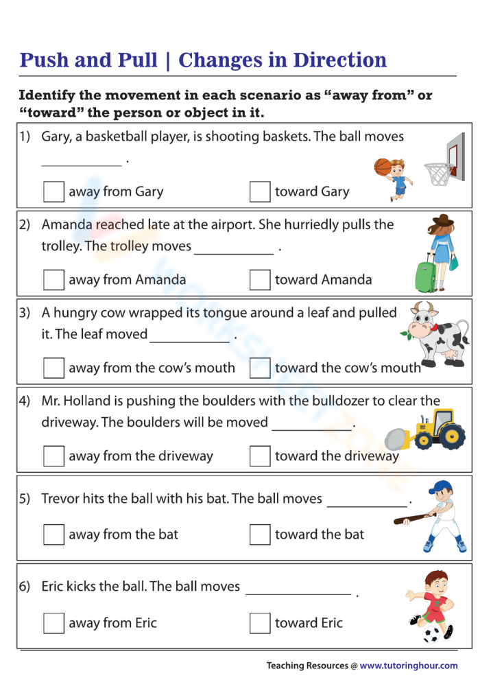 Worksheet illustrating pushes and pulls for kindergarten students