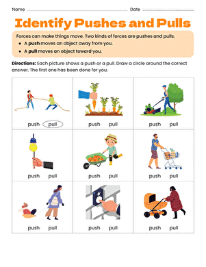 ALT text for a worksheet focusing on pushes and pulls for kindergarten students