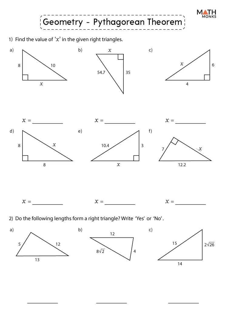 Eighth grade geometry worksheet featuring practice problems on the converse of the Pythagorean theorem to identify right triangles