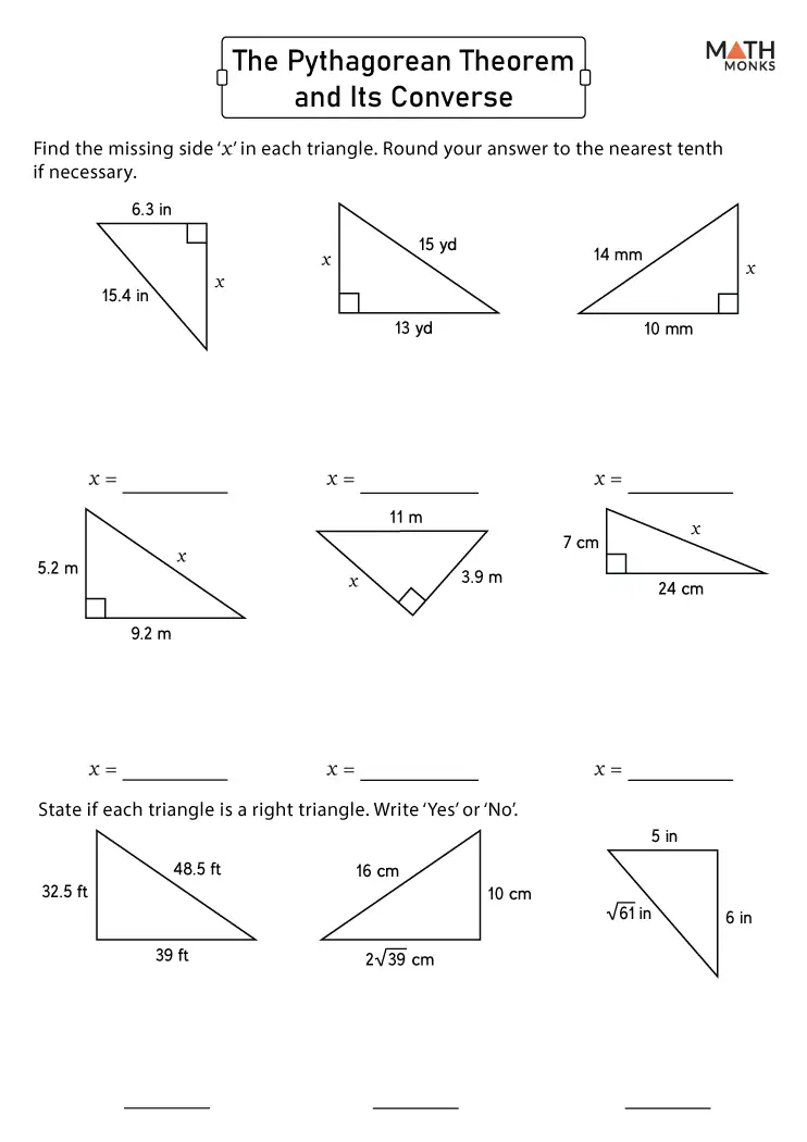 Practice worksheet 16 on determining right triangles with the converse of the Pythagorean theorem Eighth grade math worksheet showing triangle side lengths for identifying right triangles using the converse of the Pythagorean theorem
