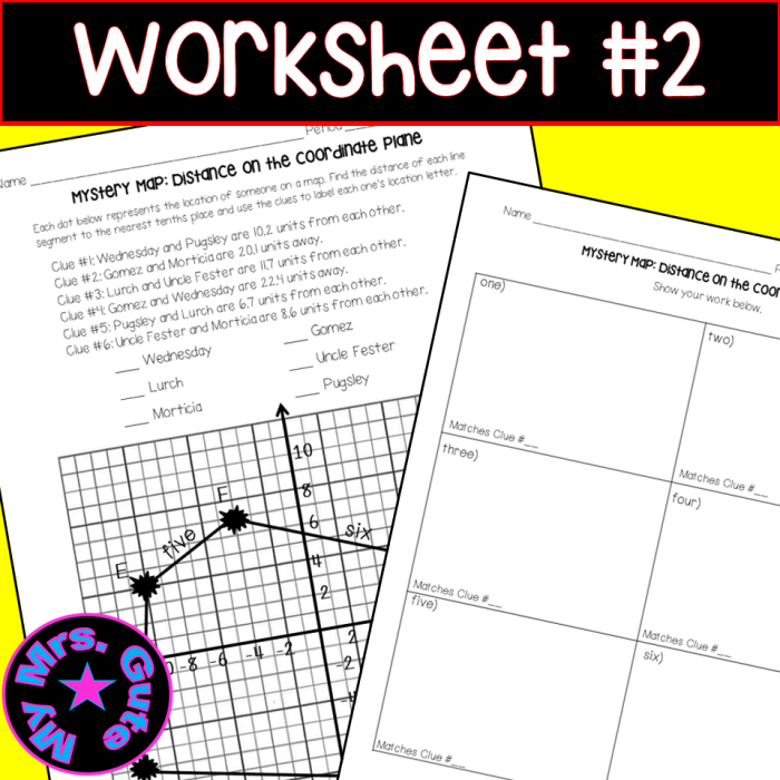 Eighth-grade student using the Pythagorean theorem to calculate distance between two plotted points on a coordinate grid worksheet