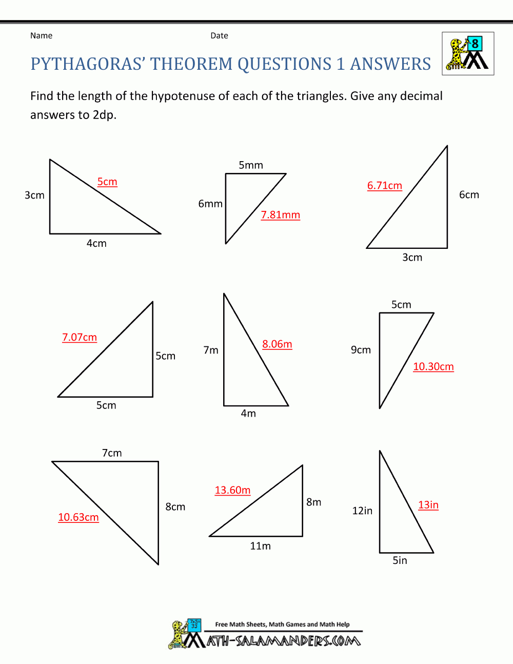 Pythagorean Theorem worksheet for eighth graders focusing on missing hypotenuse lengths in right triangles