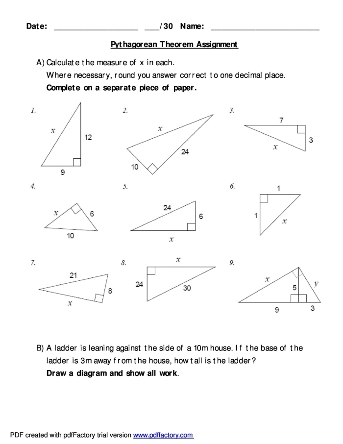 Worksheet for finding missing hypotenuse lengths using the Pythagorean theorem. Eighth-grade geometry practice on right triangles.