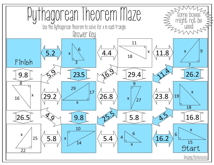 Worksheet for practicing Pythagorean theorem to determine missing hypotenuse lengths in right triangles