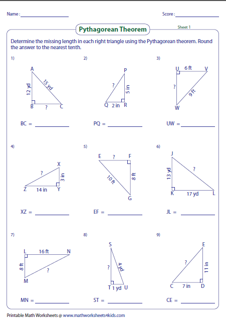 Eighth-grade worksheet for practicing the Pythagorean theorem and finding missing hypotenuse lengths in right triangles