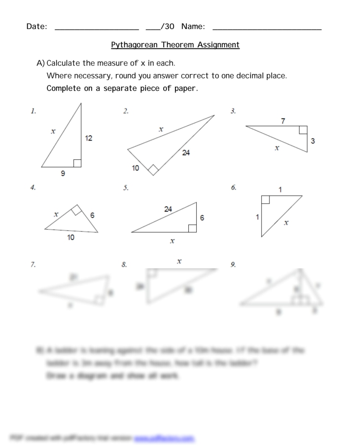 Worksheet featuring the Pythagorean theorem for eighth graders to find missing triangle lengths