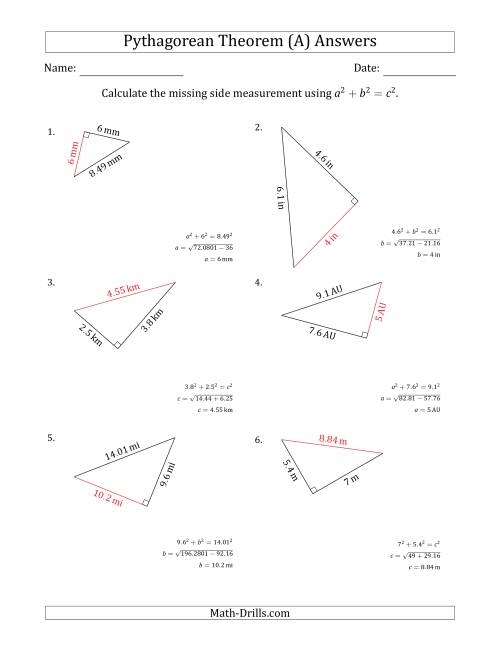 Eighth grade geometry worksheet featuring various right triangles for practicing the Pythagorean theorem with missing side lengths