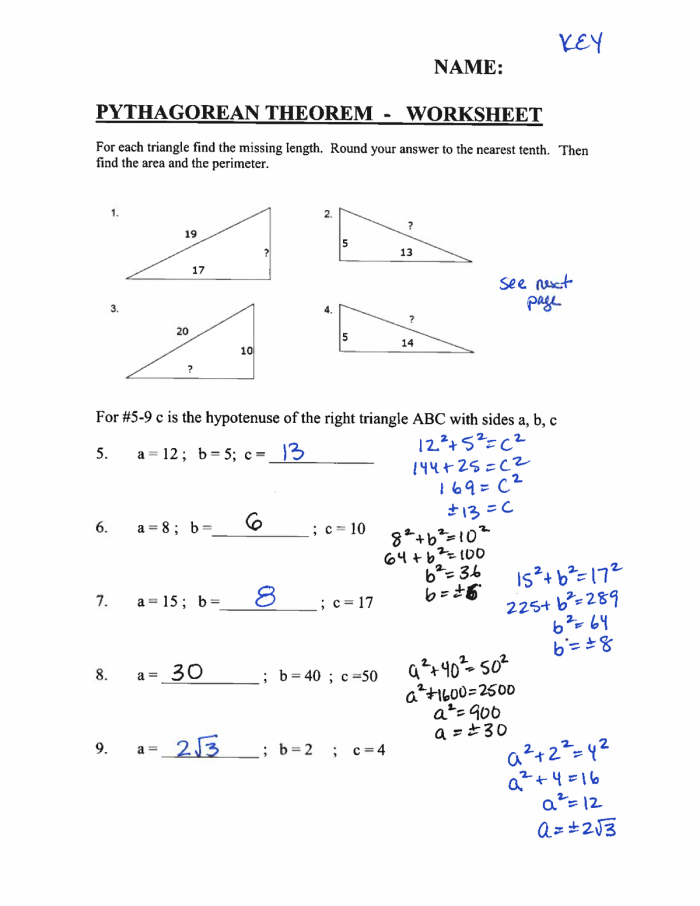 Worksheet featuring the Pythagorean theorem for eighth-grade geometry practice
