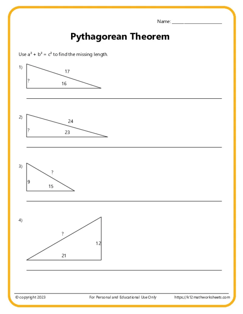 Eighth grade math worksheet featuring word problems that require applying the Pythagorean theorem to real world geometry scenarios