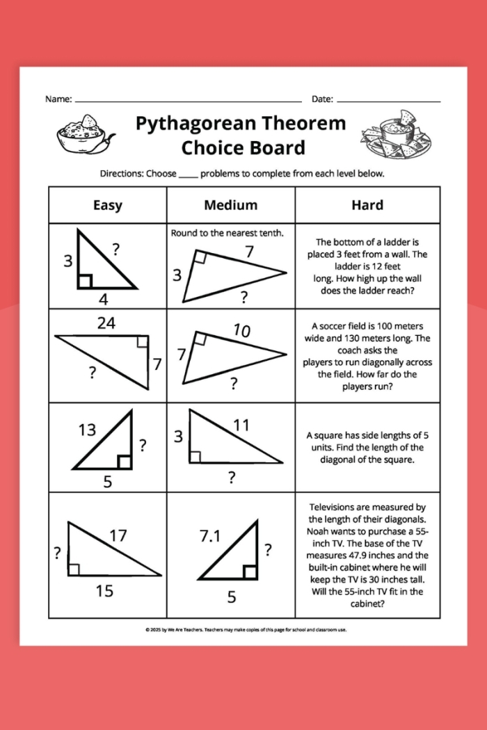 Pythagorean Theorem practice worksheet featuring various triangles for geometry review