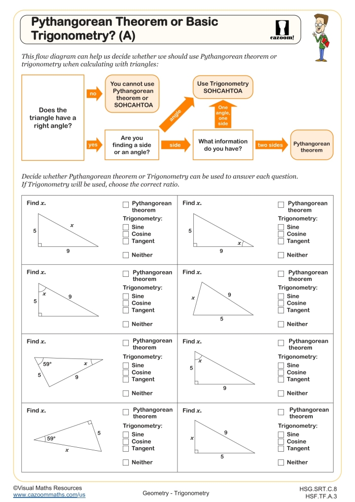 Worksheet featuring the Pythagorean theorem for eighth-grade geometry practice on right triangles