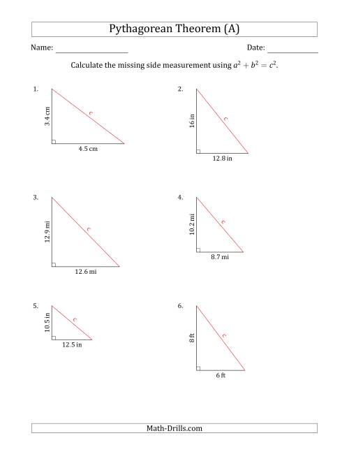 Worksheet for practicing the Pythagorean theorem to calculate missing hypotenuse lengths in right triangles