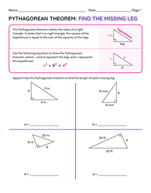 Eighth grade geometry worksheet featuring multiple right triangle problems to solve for missing leg lengths using the Pythagorean theorem