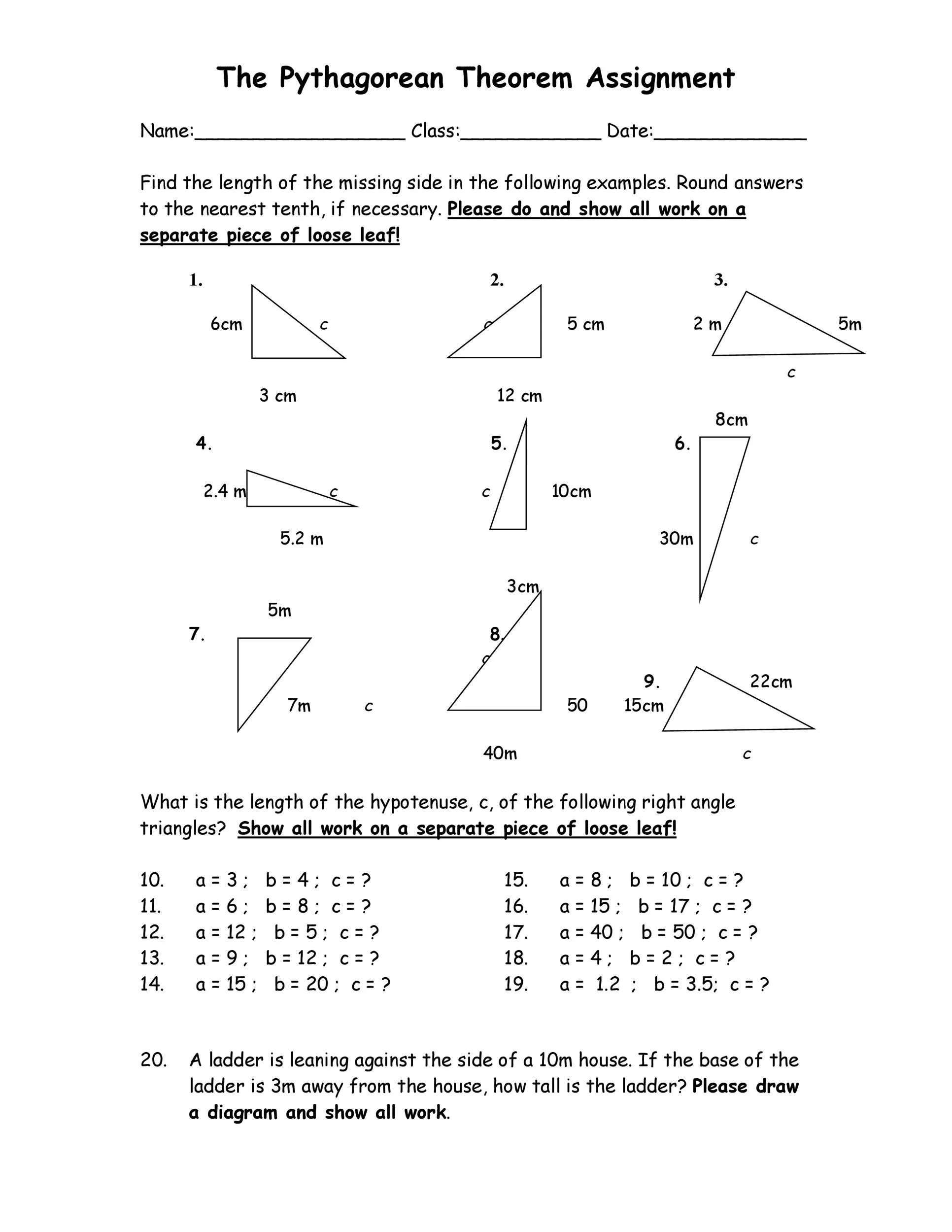 Eighth grade student solving for missing leg of right triangle using Pythagorean theorem formula on geometry worksheet page 23