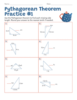 Eighth grade math worksheet featuring various right triangles for practicing the Pythagorean theorem