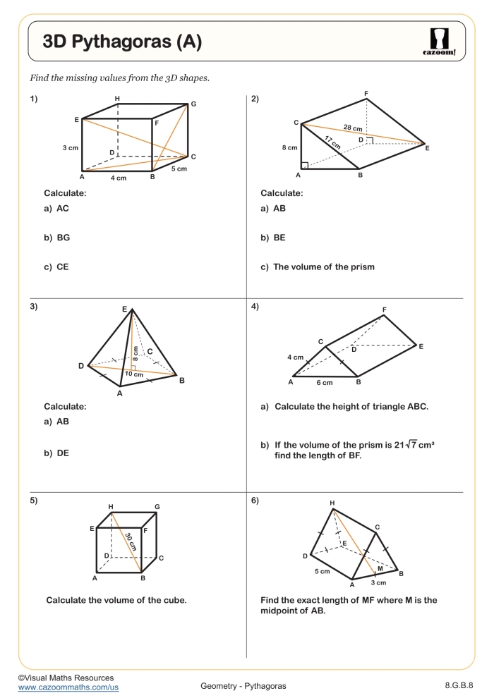 Worksheet featuring the Pythagorean theorem for eighth-grade geometry practice with right triangles