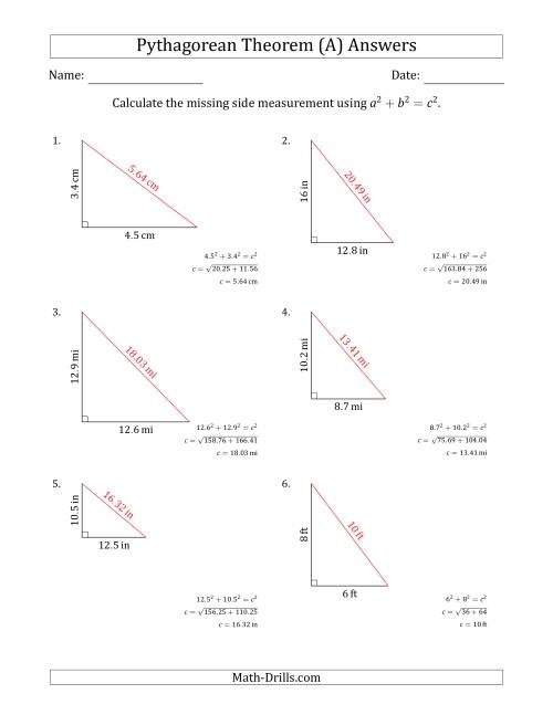 Worksheet featuring mixed practice on the Pythagorean theorem for eighth-grade students