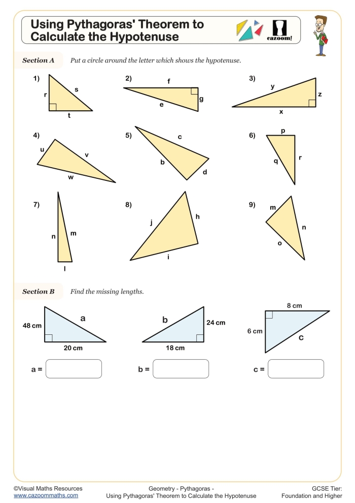 Eighth grade geometry worksheet featuring a reference guide for solving the Pythagorean theorem