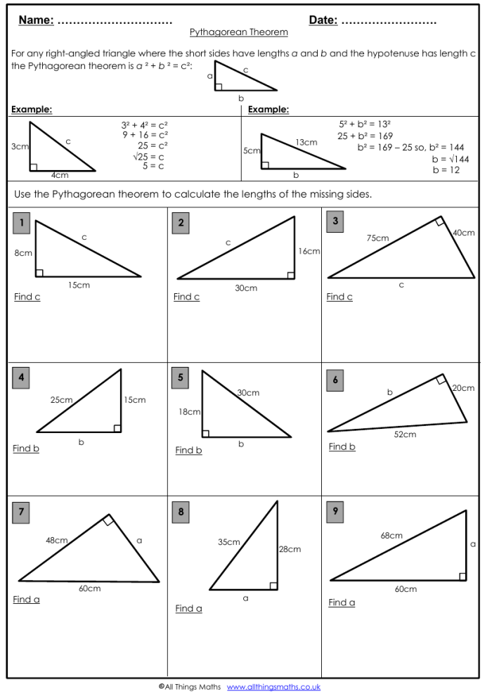 Eighth grade math worksheet showing examples of calculating a missing leg of a right triangle using the Pythagorean theorem