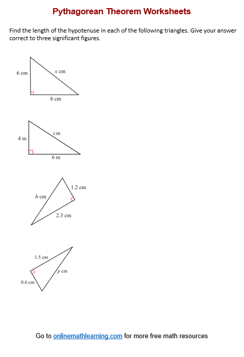 Eighth grade student solving for missing leg length using Pythagorean theorem on right triangle worksheet page 3