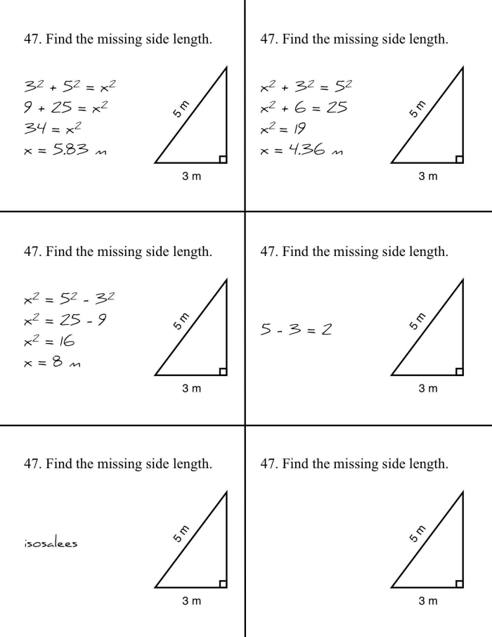 Eighth grade geometry worksheet featuring right triangle diagrams for finding missing leg lengths using the Pythagorean theorem