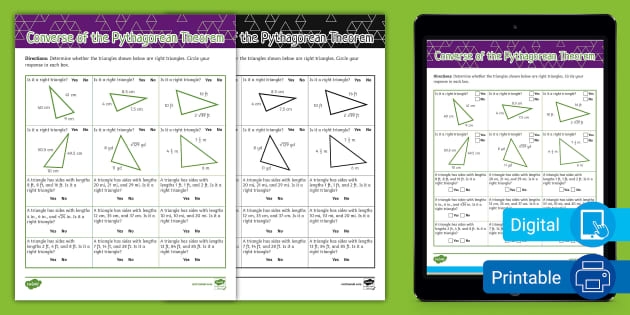 Eighth grade geometry worksheet featuring various right triangles for practicing the Pythagorean theorem