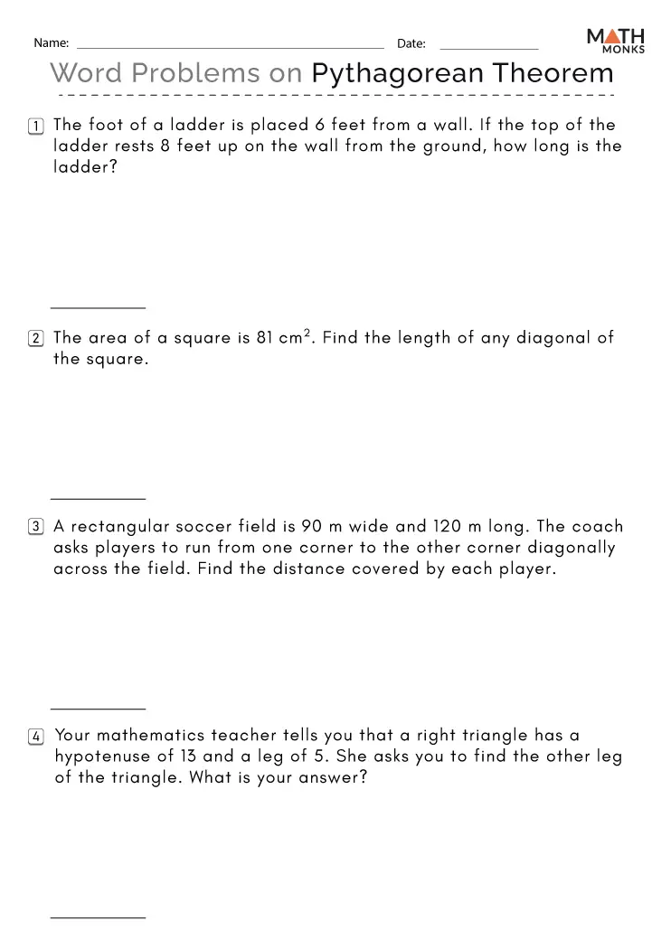 Worksheet featuring the Pythagorean theorem for eighth-grade students to solve right triangle problems