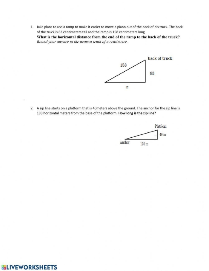 Eighth grade geometry worksheet featuring practical Pythagorean theorem word problems