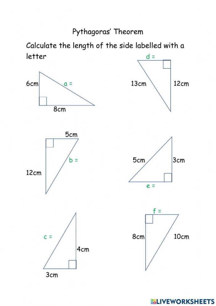 Eighth grade math worksheet featuring geometry problems for solving missing triangle sides with the Pythagorean Theorem
