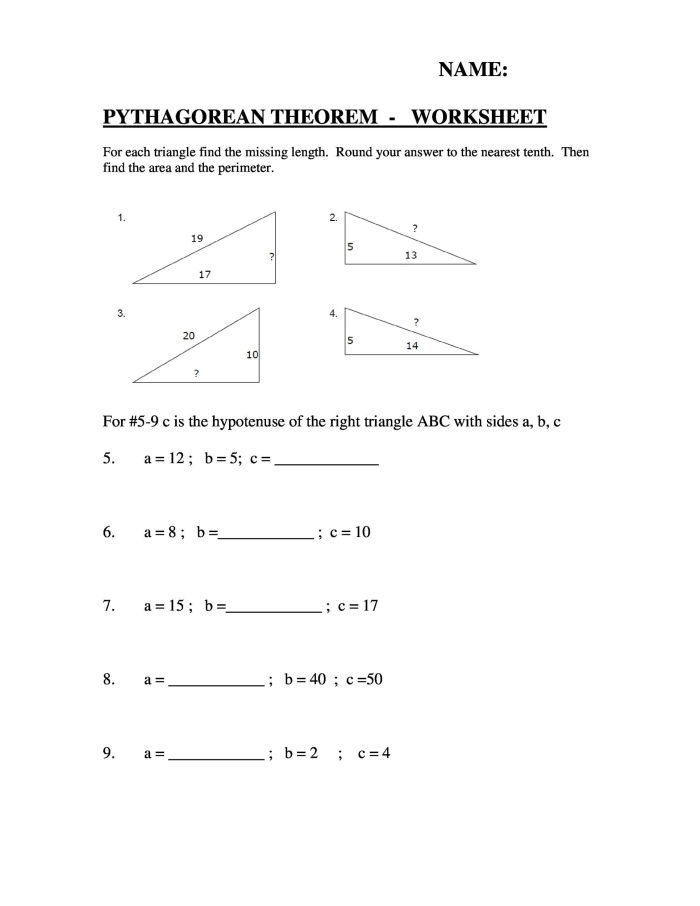 Pythagorean Theorem practice worksheet featuring triangle illustrations and formulas