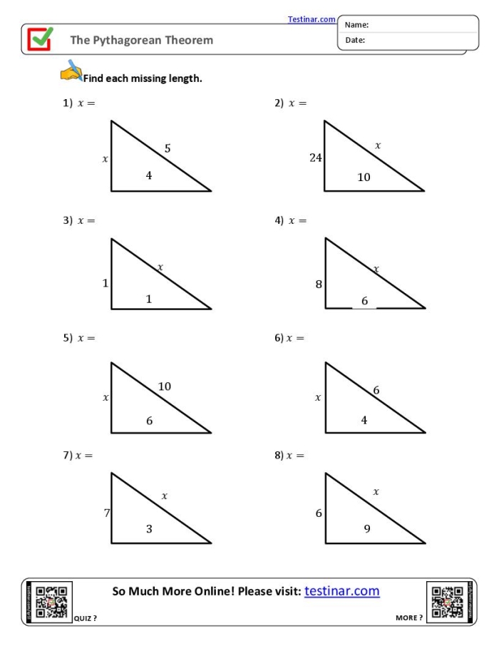 Pythagorean Theorem practice worksheet featuring various triangle examples