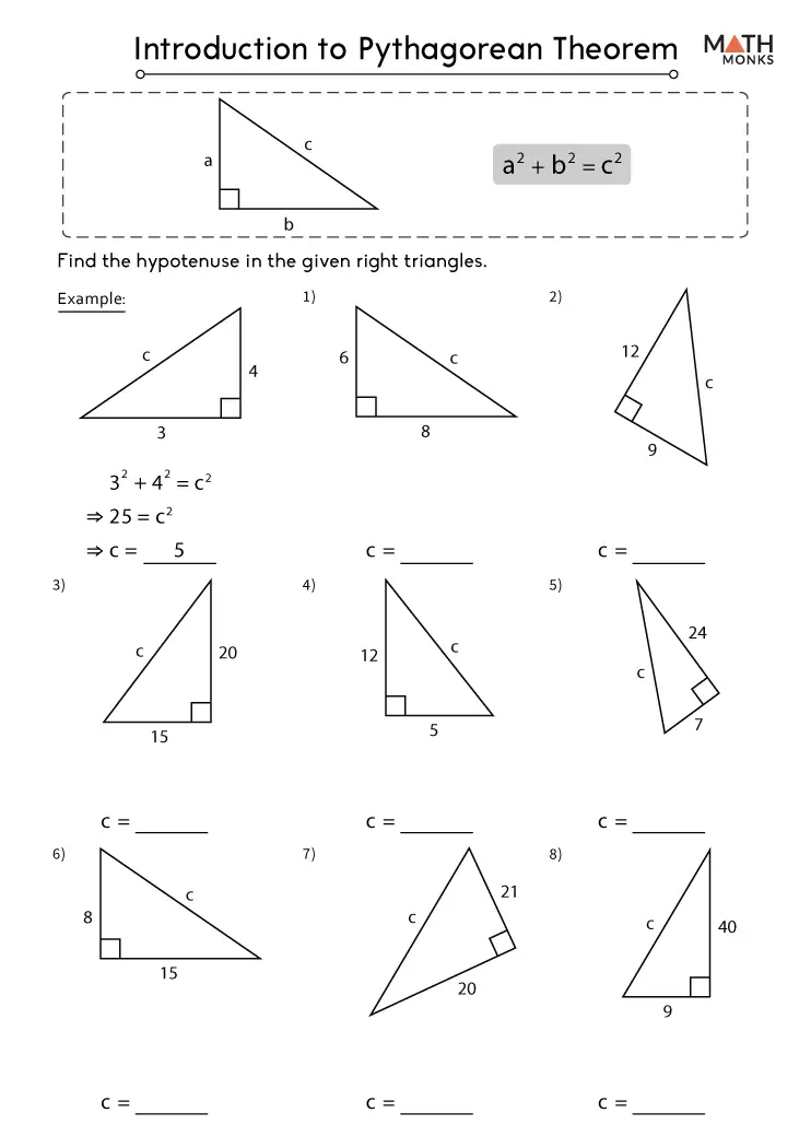 Pythagorean Theorem Handout worksheet for eighth graders in geometry class