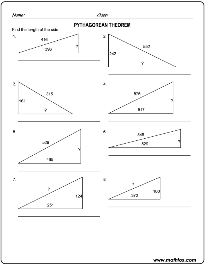 Pythagorean Theorem practice worksheet featuring triangle illustrations and formulas