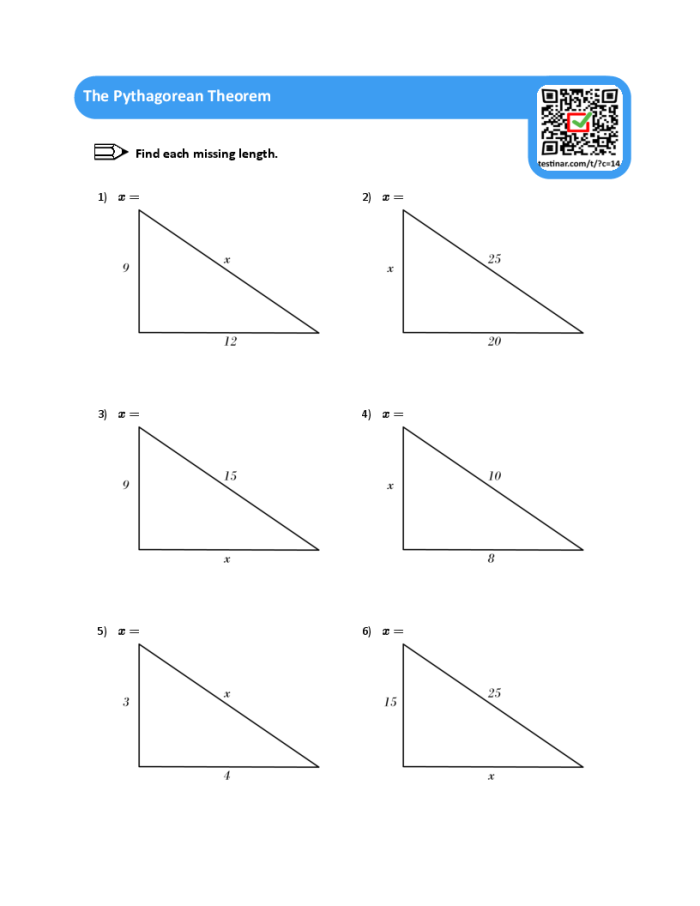 Pythagorean Theorem practice worksheet featuring various triangle problems