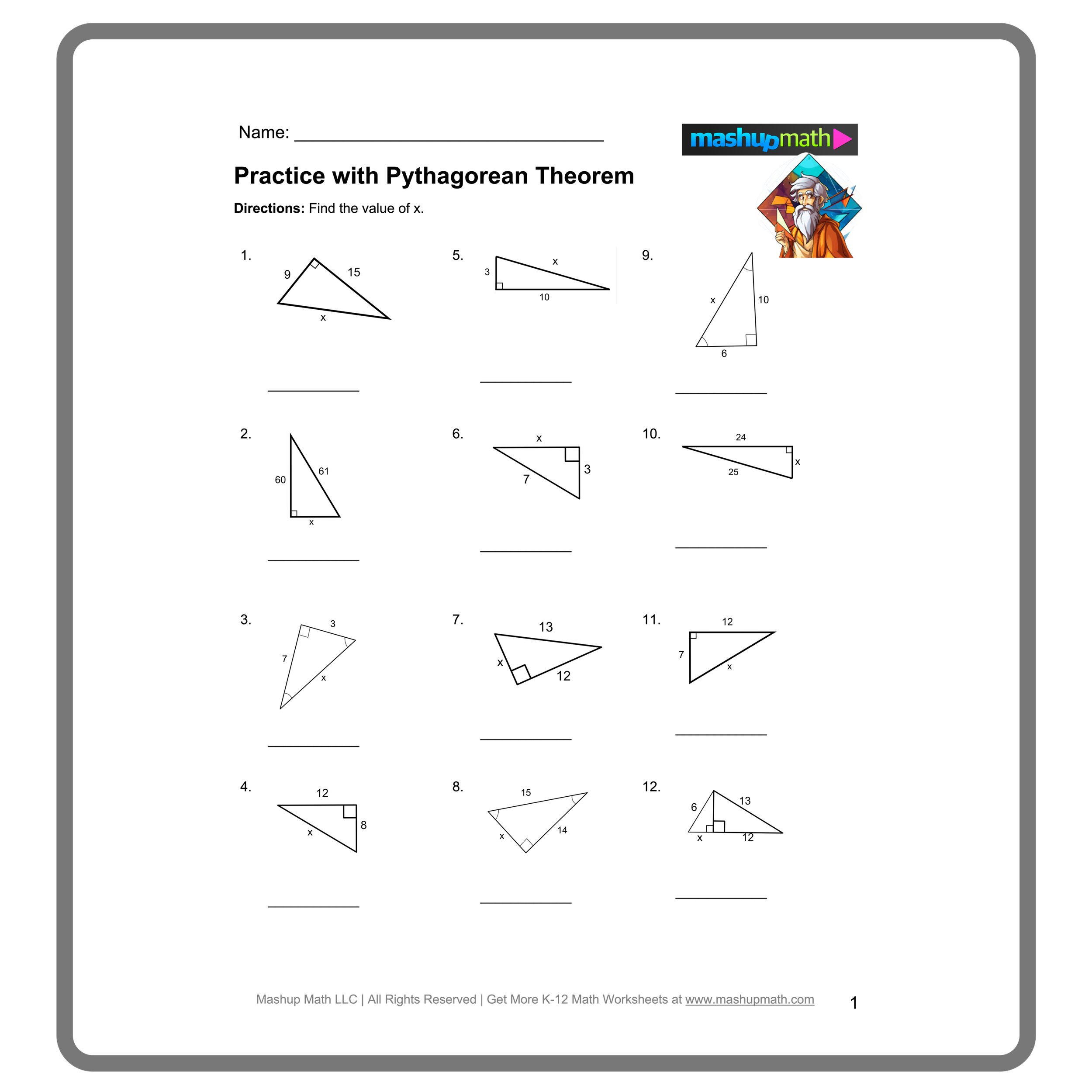 Pythagorean Theorem practice worksheet featuring various triangle types and problem-solving exercises