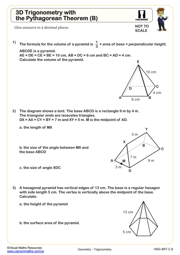 Pythagorean Theorem practice worksheet featuring various triangle types and exercises