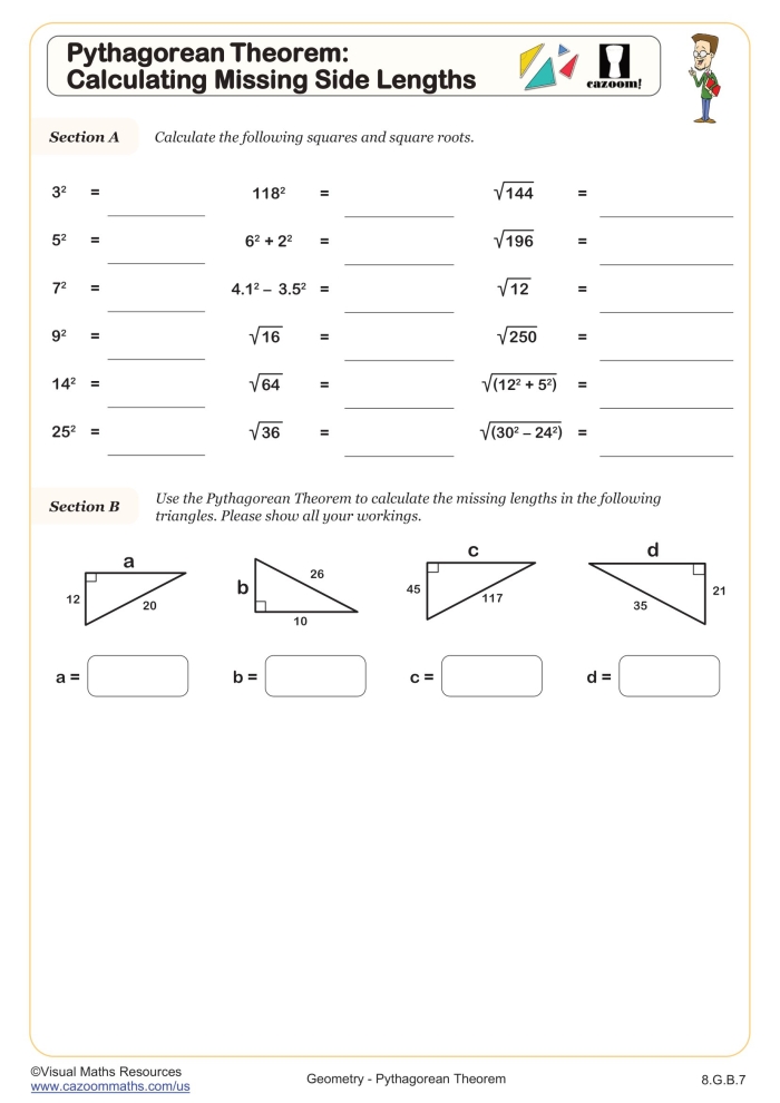 Pythagorean Theorem practice worksheet featuring various triangle types for geometry review