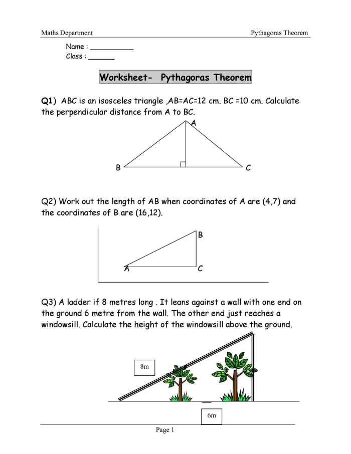 Pythagorean Theorem practice worksheet featuring various triangle types for geometry review