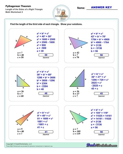 Pythagorean Theorem practice worksheet featuring various triangle types and formulas