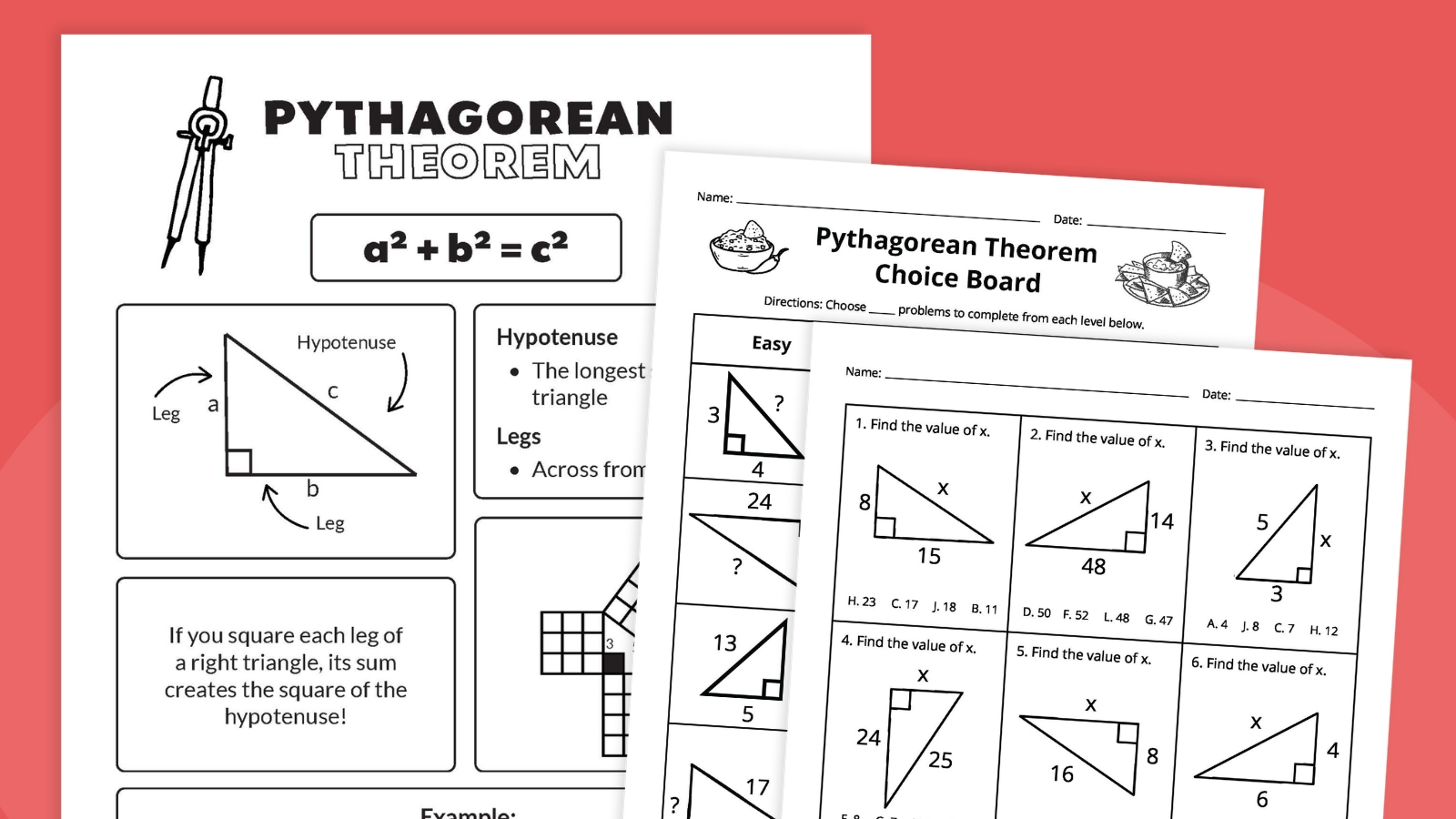 Pythagorean Theorem practice worksheet featuring various triangle types for geometry review